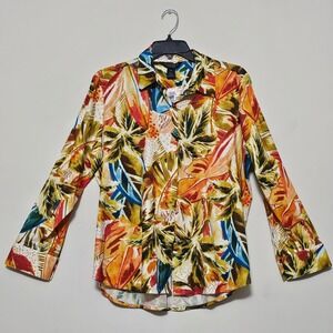 Investments Petite Large Top Blouse Green Brown Long Sleeves Front Button 908